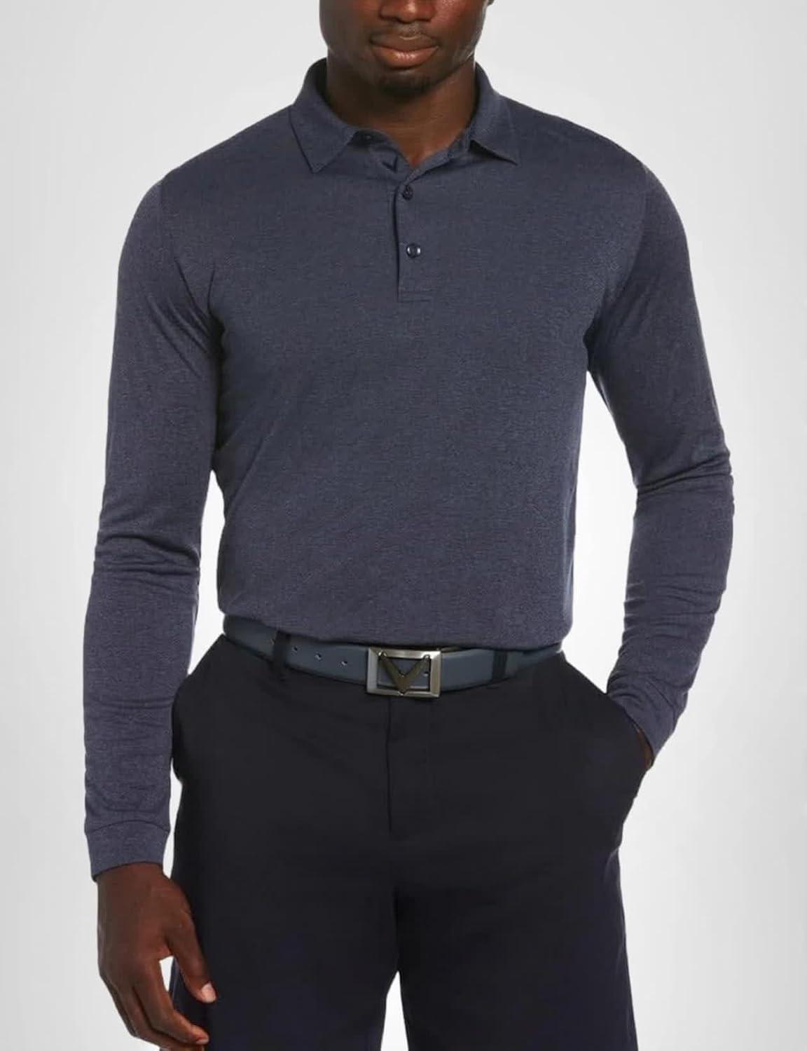 imageCallaway Mens Long Sleeve Moisture Wicking Golf Polo Shirt with Stretch Fabric Available in Big amp TallNavy Chambray Heather