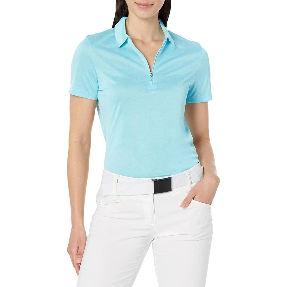 imageCallaway Womens Quarter Zip Short Sleeve Heather Golf Polo ShirtBlue Curacao Htr