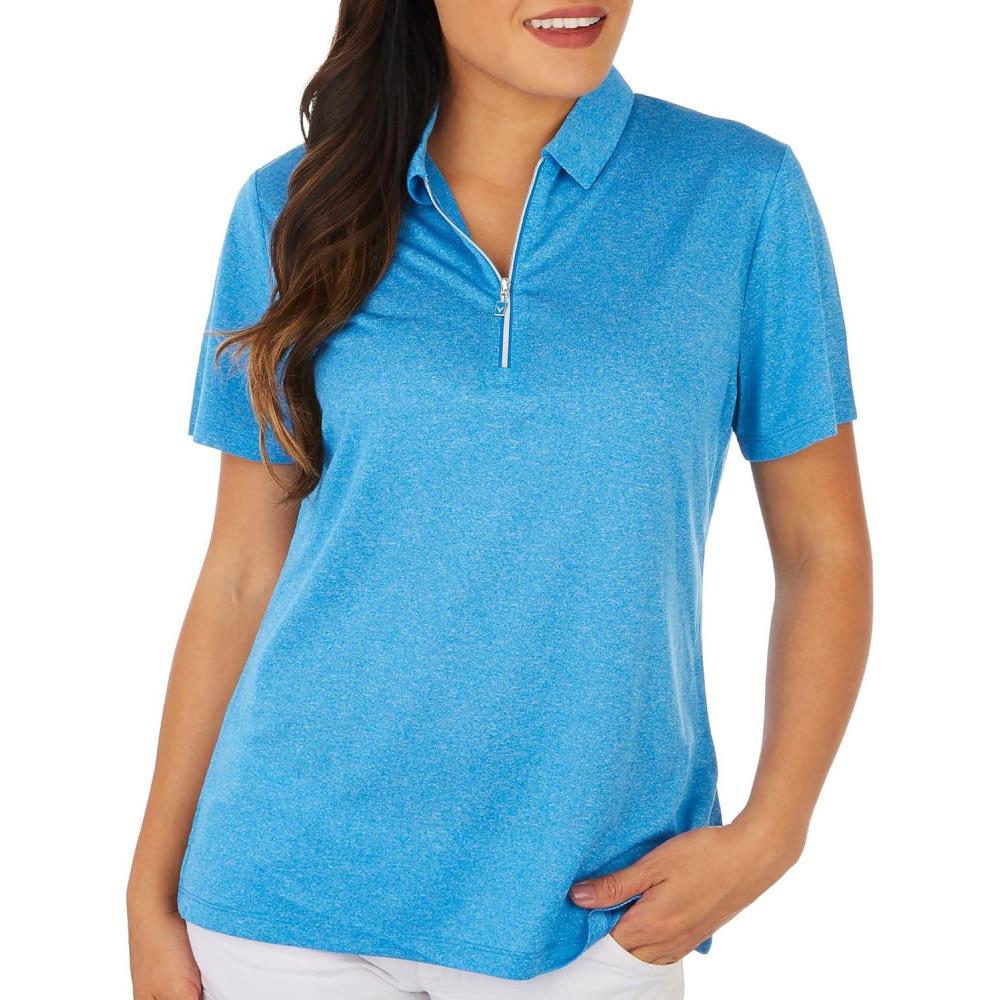 imageCallaway Womens Quarter Zip Short Sleeve Heather Golf Polo ShirtBlue Sea Star Htr