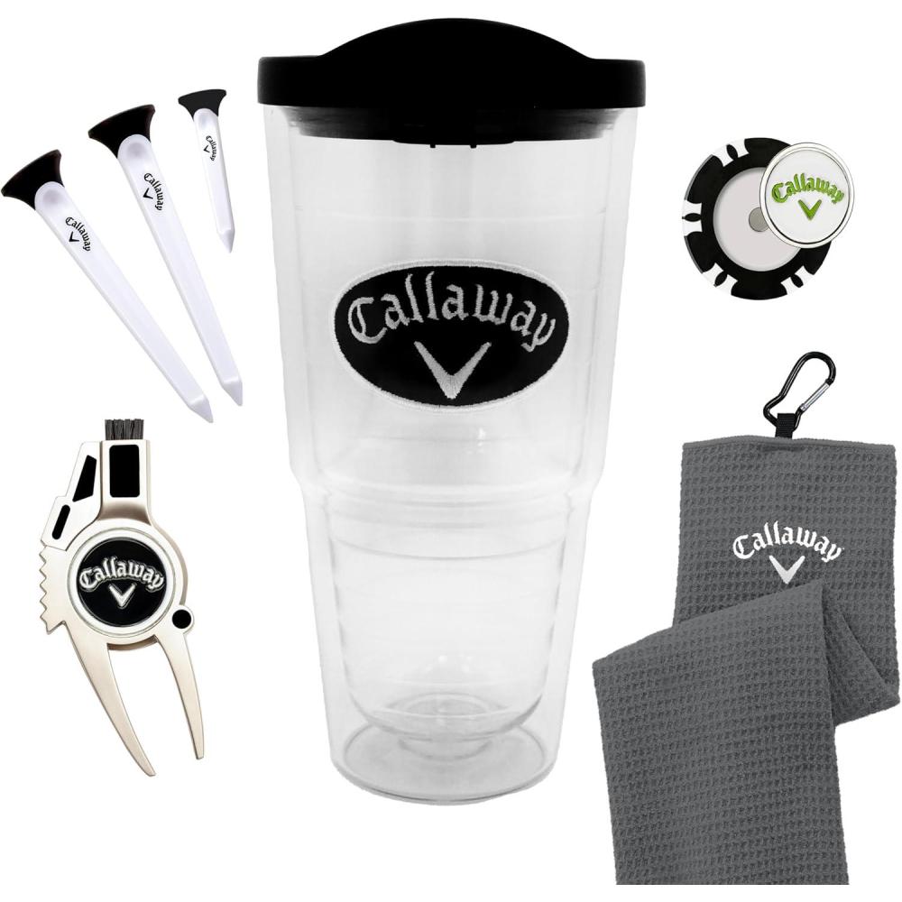 imageCallaway Golf 24oz Clear Patch Tumbler Gift Set  includes trifold golf towel 24oz tumbler plastic golf tees a poker chip ball marker and a divot tool