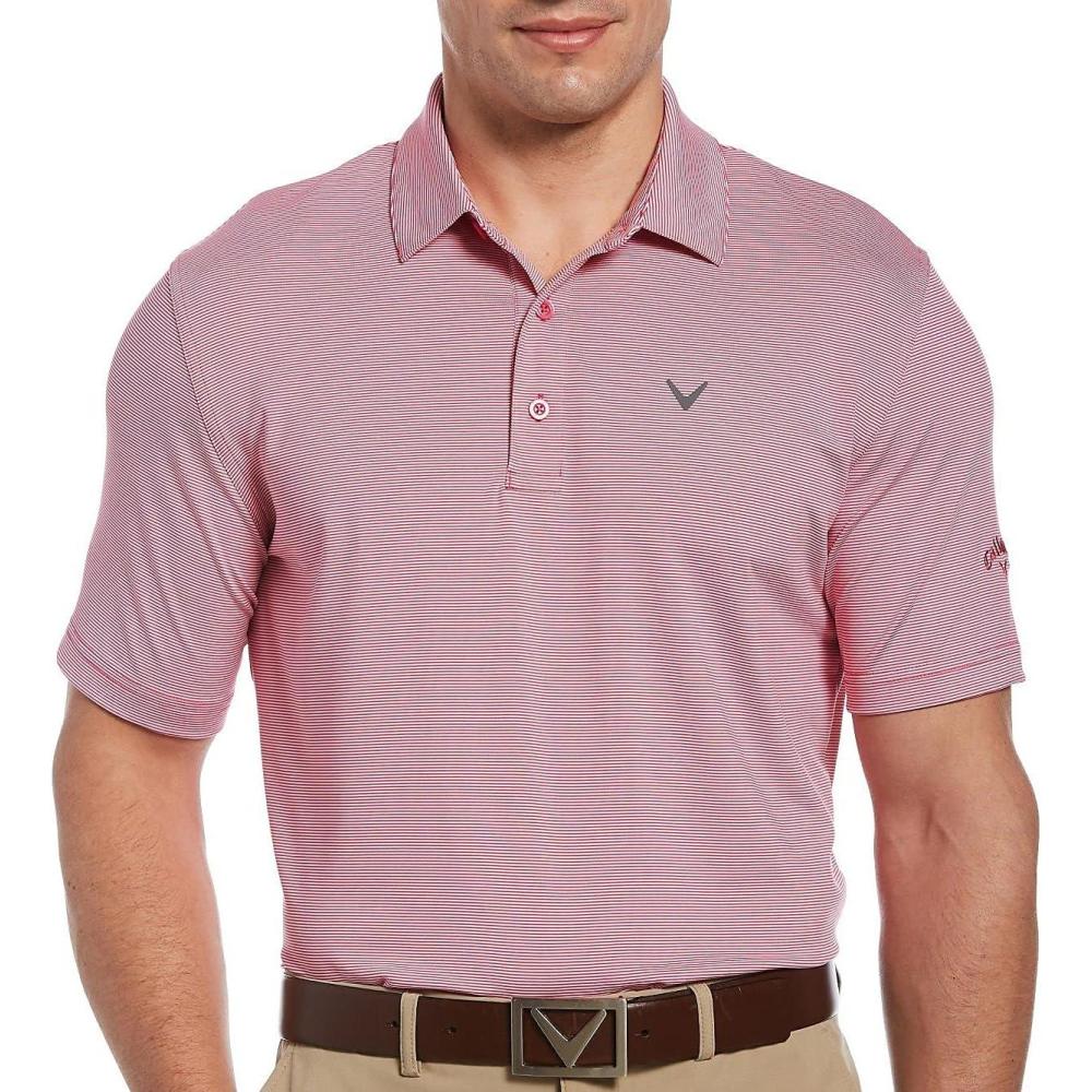 imageCallaway Mens Fine Line Stripe Short Sleeve Stretch Golf Polo MoistureWicking Sun Protection Available in Big amp TallLilac Rose