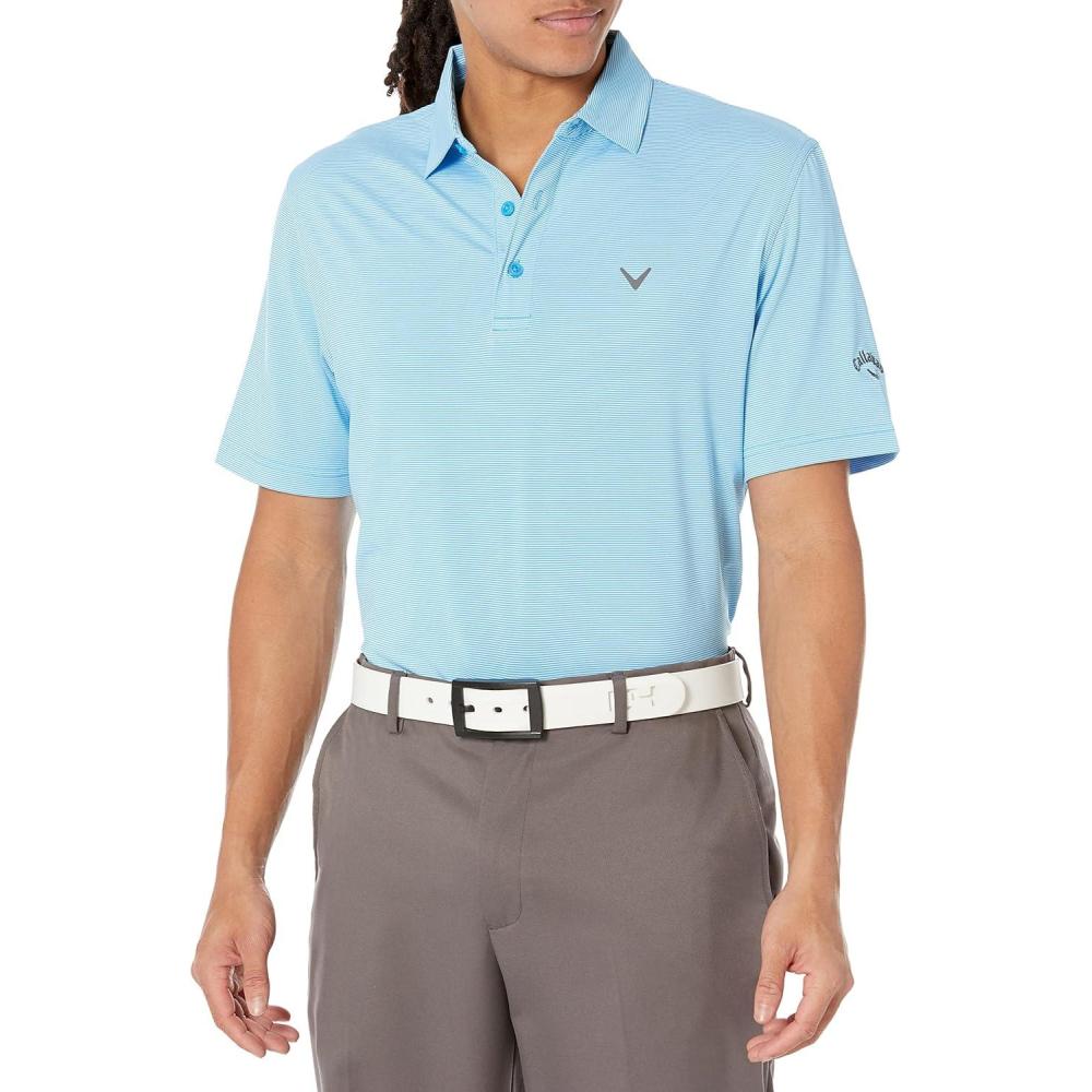 imageCallaway Mens Fine Line Stripe Short Sleeve Stretch Golf Polo MoistureWicking Sun Protection Available in Big amp TallMalibu Blue