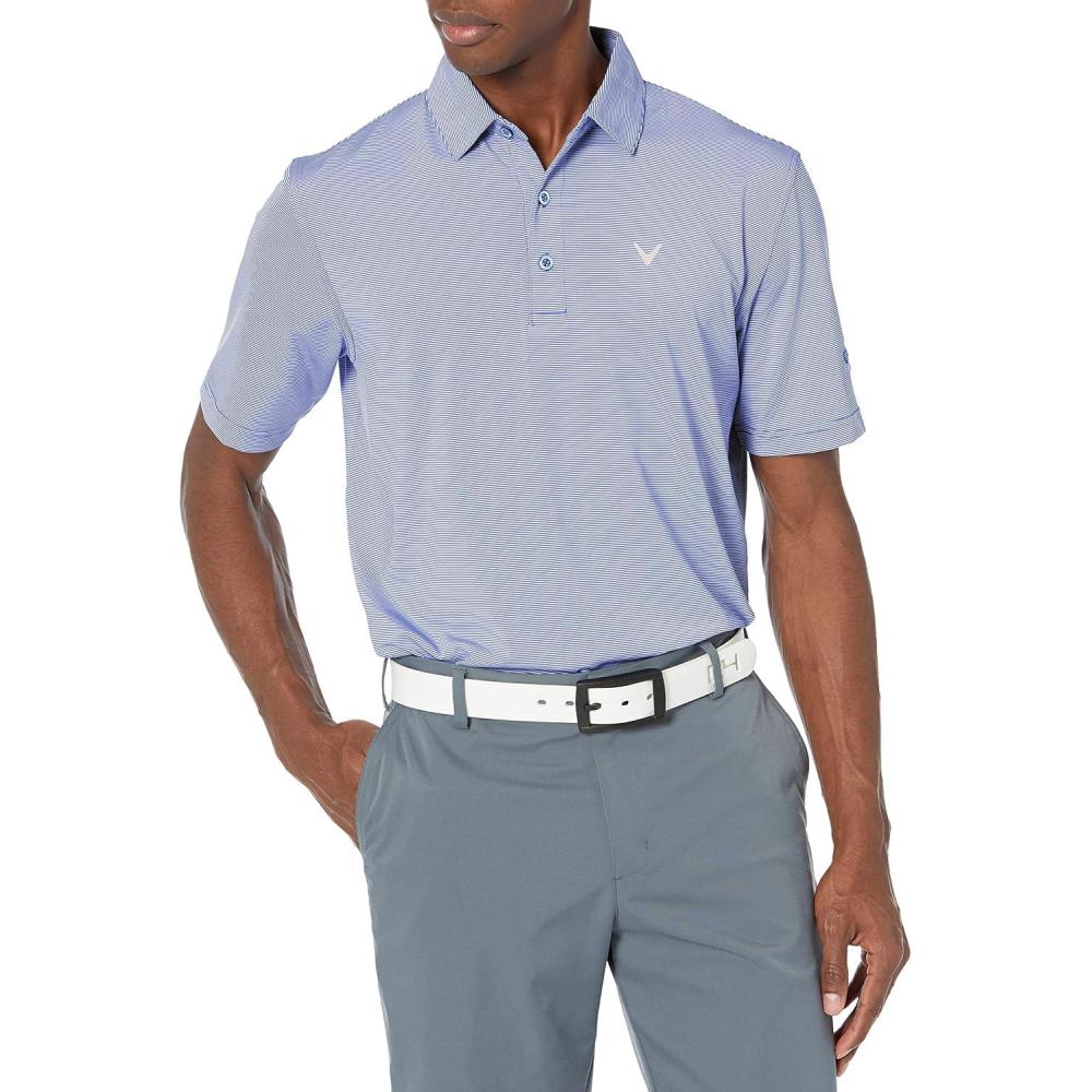 imageCallaway Mens Fine Line Stripe Short Sleeve Stretch Golf Polo MoistureWicking Sun Protection Available in Big amp TallMazarine Blue