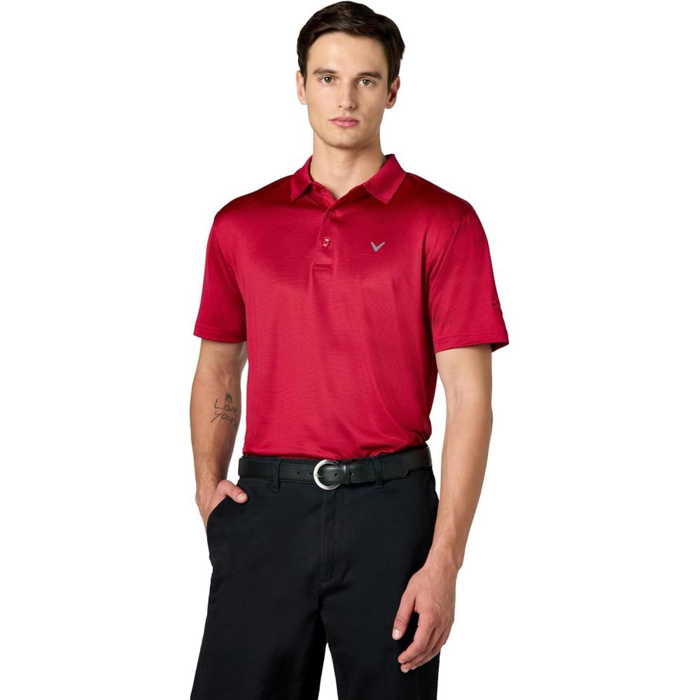 imageCallaway Mens Fine Line Stripe Short Sleeve Stretch Golf Polo MoistureWicking Sun Protection Available in Big amp TallTango Red