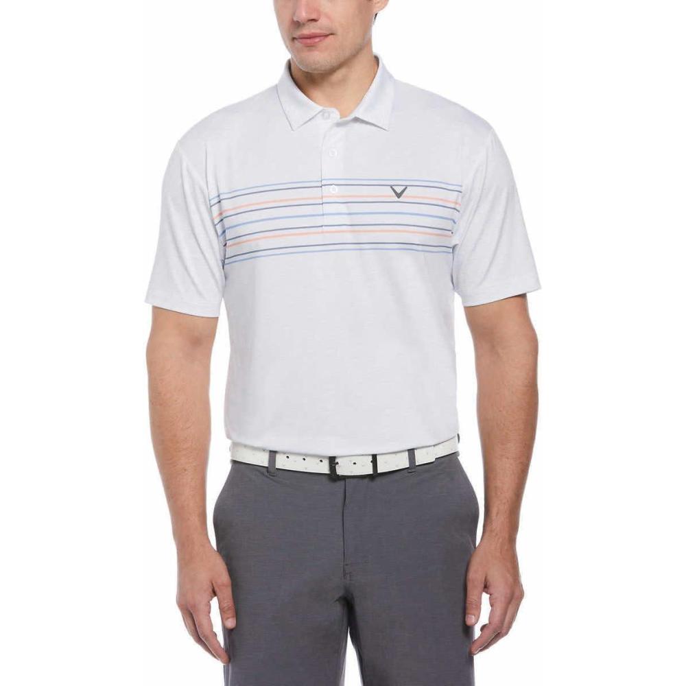 imageCallaway Mens Short Sleeve Core Performance Golf Polo Shirt with Sun ProtectionBlueGrayCoral Chest Stripe White