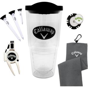 Callaway Golf 24oz Clear Patch Tumbler Gift Set – includes tri-fold golf towel, 24oz tumbler, plastic golf tees, a poker chip ball marker and a divot tool
